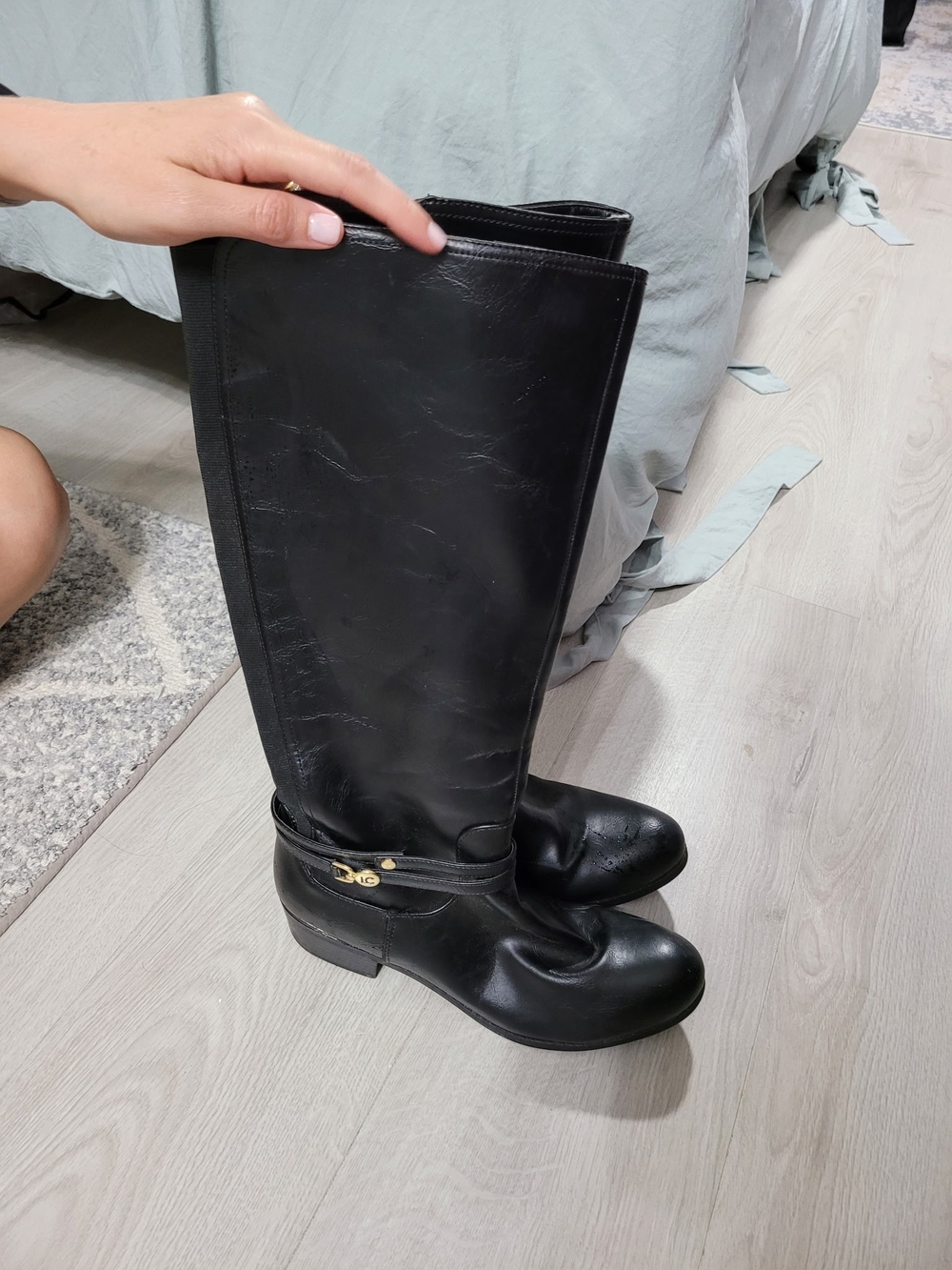 Liz Claiborne Black Tall Leather Riding Boots with Gold-Tone Accent